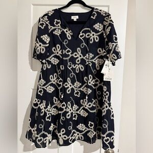 CeCe Navy Dress with Cream Embroidered Floral Motif